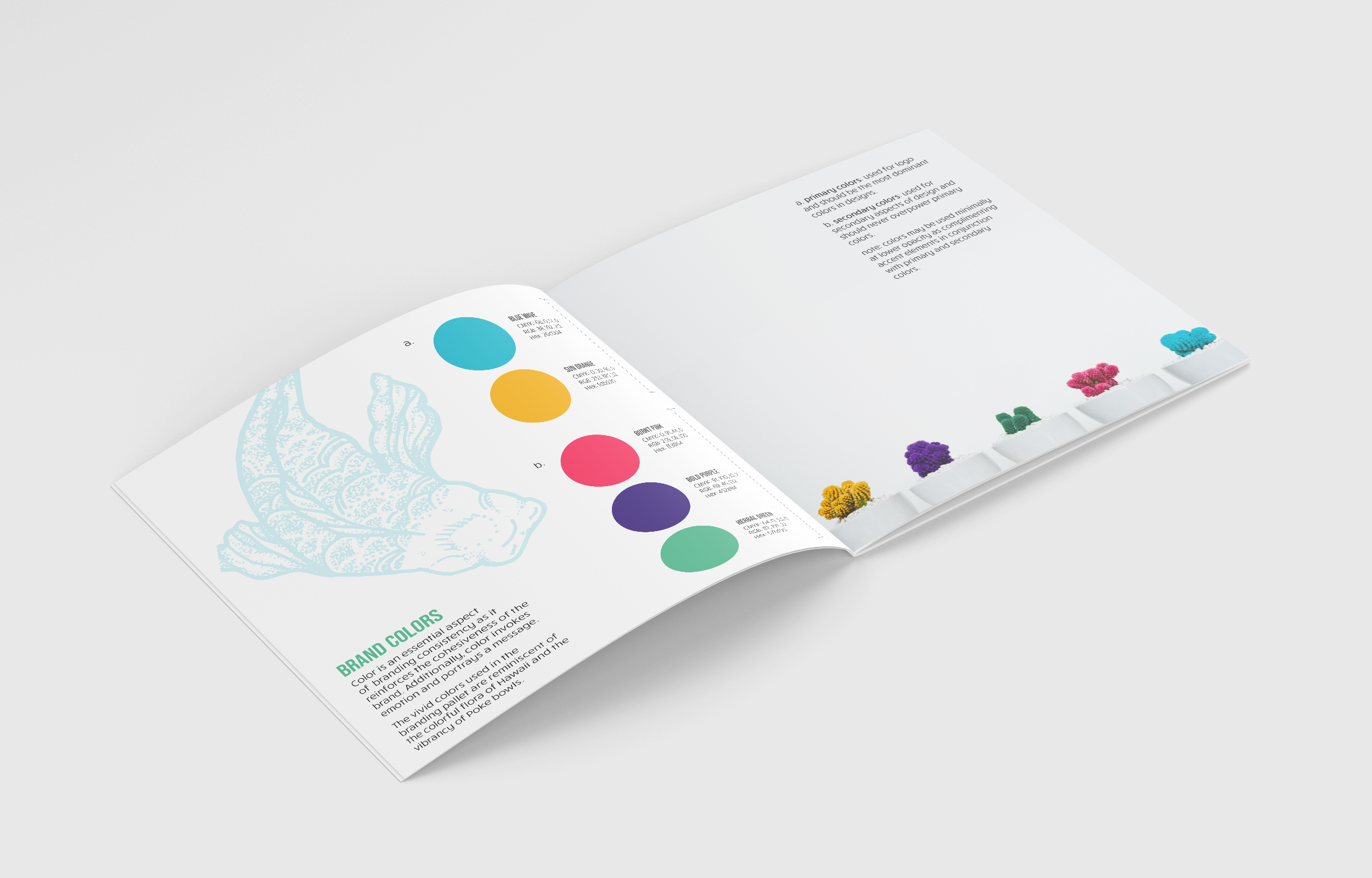 Pokii Eatery brand guide — color palette and coral illustrations