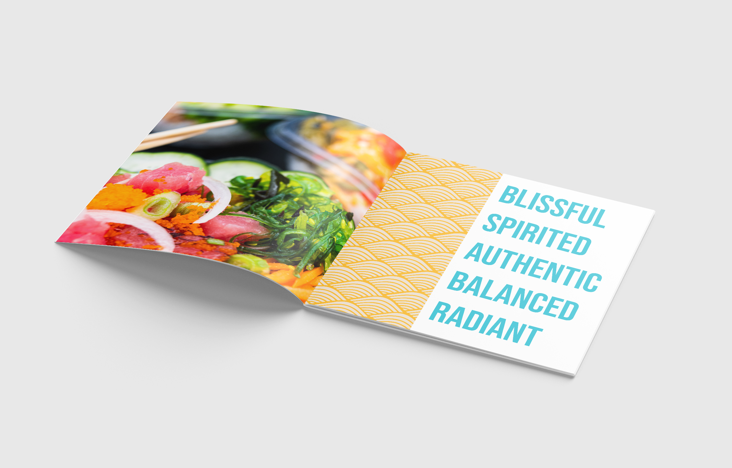 Pokii Eatery brand guide — mood board with food photography and brand words
