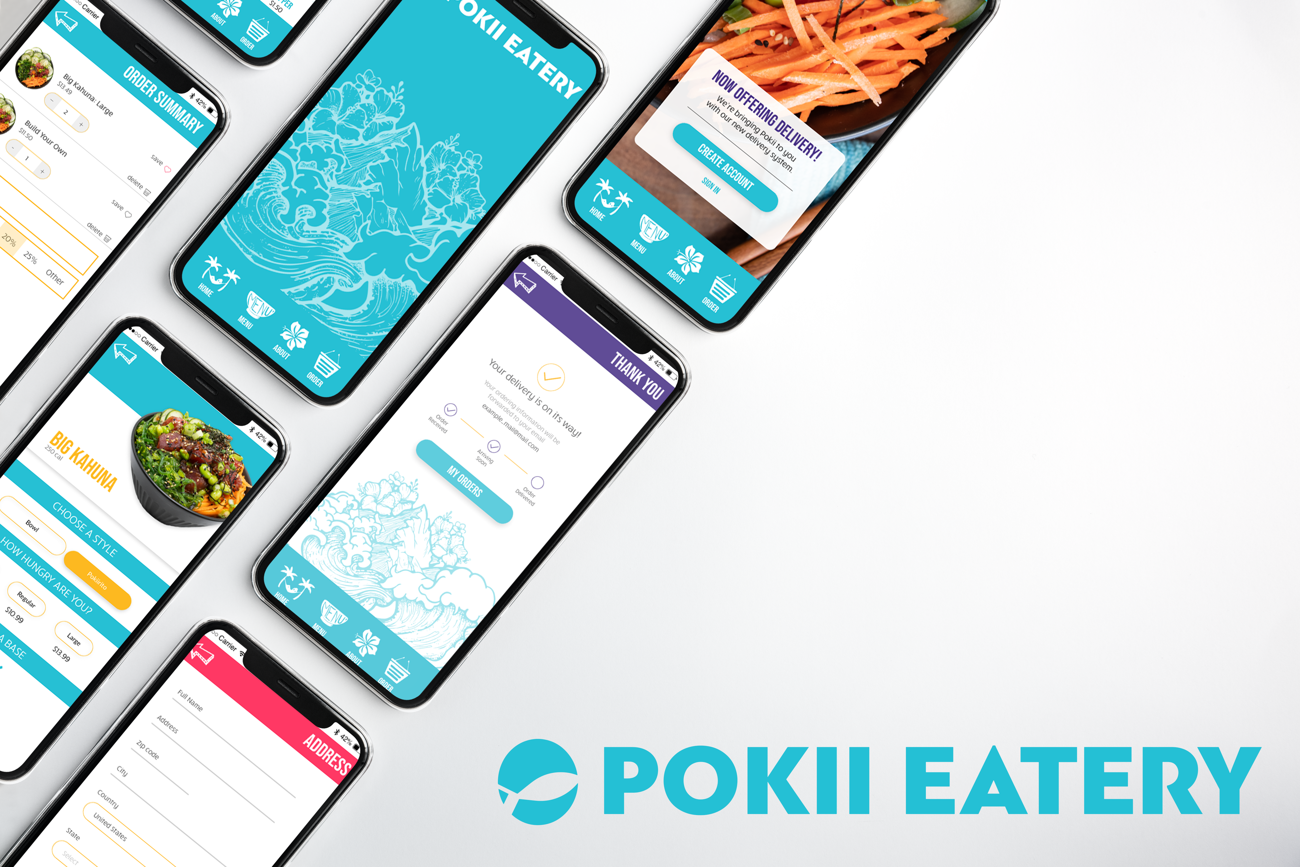 Pokii Eatery app screens — ordering, delivery, and checkout flows