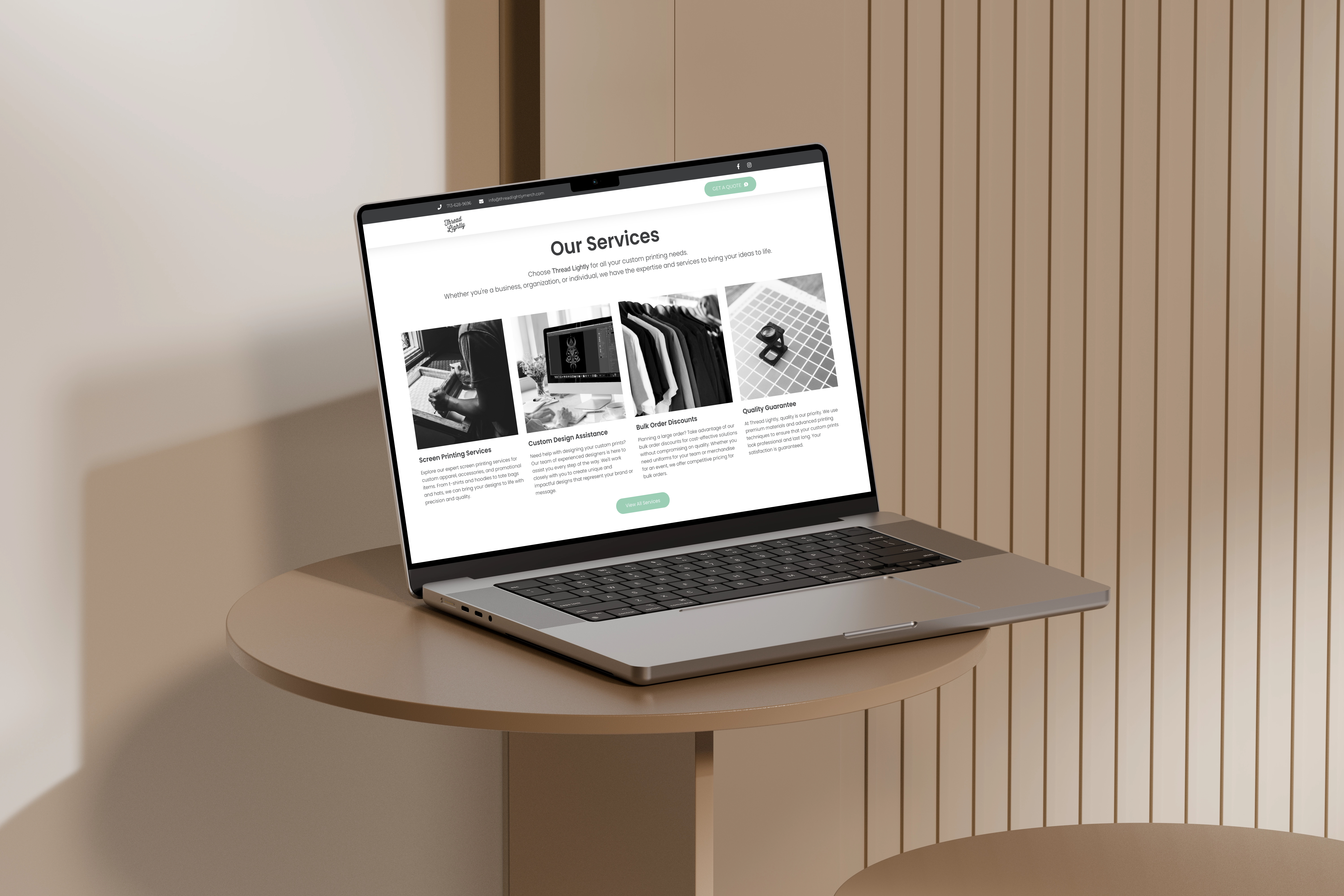 Thread Lightly services page shown on a laptop